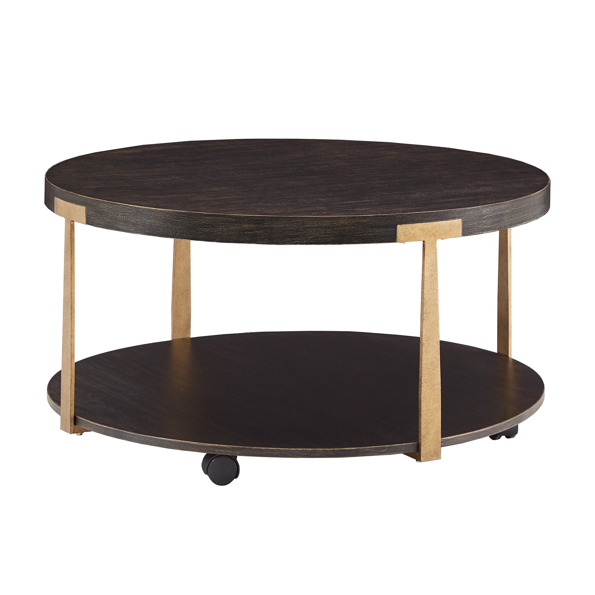 Weston Home Ario Wood and Metal T-Brace Round Coffee Table, Brown Finish
