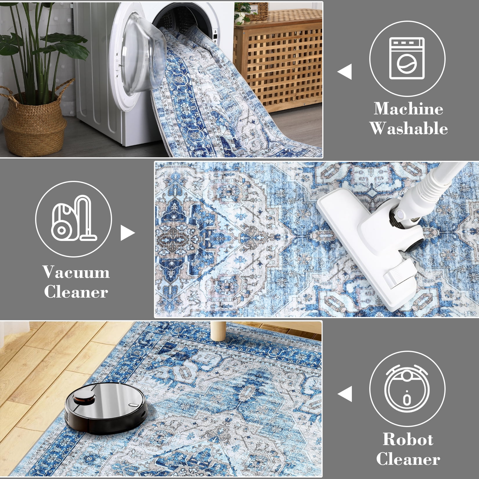 FairOnly 9'x12' Blue Machine Washable Living Room Area Rugs Boho Vintage Rugs for Bathroom Indoor Floor Non Shedding Rugs Home Office Carpet