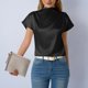 thumbnail image 3 of Camisetas de Manga Corta de Cuello Alto para Mujeres Moda Casual Primavera Cuello Redondo Medio Cuello Alto Hombro Izquierdo Plisado Superior, 3 of 6