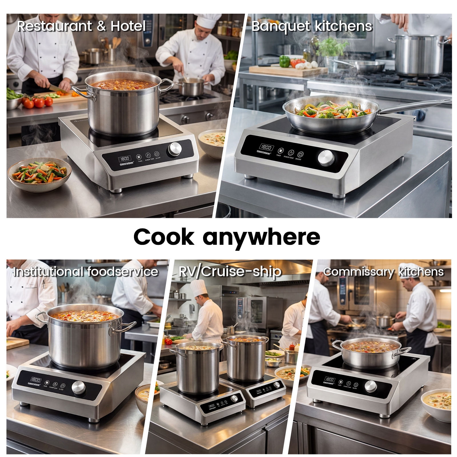 GastroGear 1800W 100V～185V 2026 New Induction Cooktop Commercial Range Grade Precise 17 Watts Power/Temp Ctrl 200~1800W Large Burner with 9.25" Coil Electric Stove Heavy Duty Stainless Steel