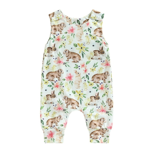 Fortune 0-18M Baby Girls Easter Rabbit Romper Summer Sleeveless O Neck Floral Jumpsuits