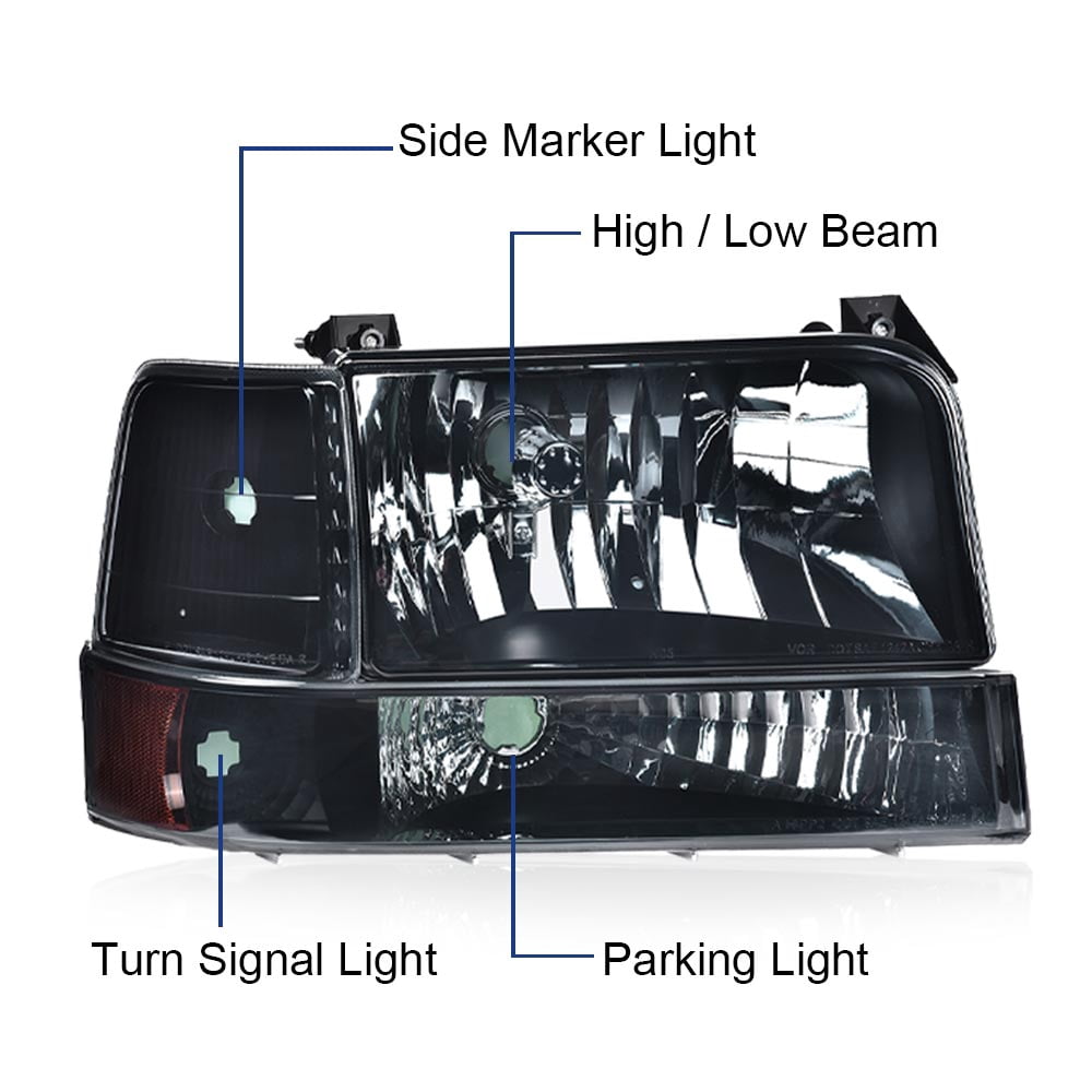CROSSDESIGN Smoke Headlights w/Corner Signal Fit for Ford F150 F250 F350 Bronco 1992-1996