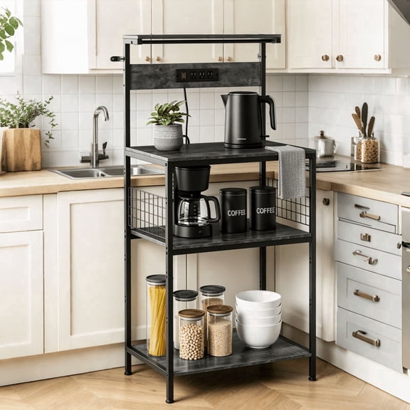 Baker's Rack with Power Outlet, 23.6" 4-Tier Kitchen Storage Shelf with Waterproof Desktop, Microwave Stand with Wire Basket & 6 Hooks, Wide Coffee Bar Station, Gray