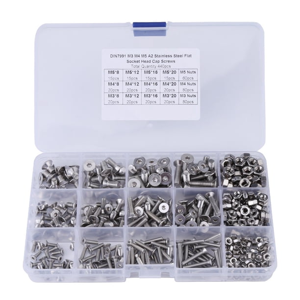 Kit de 440 tornillos y tuercas de cabeza plana hexagonal de acero inoxidable M3 M4 M5