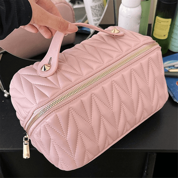 Leather Travel Makeup Bag Large Capacity Toiletry Organizer for Women with Waterproof Interior Pocket,Pink
