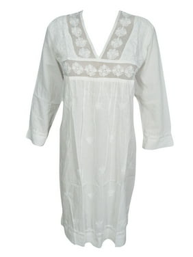 Mogul Women's Cotton White Tunic Dress Hand Embroidered Long Sleeves Summer Bohemian Ethnic Kurti L