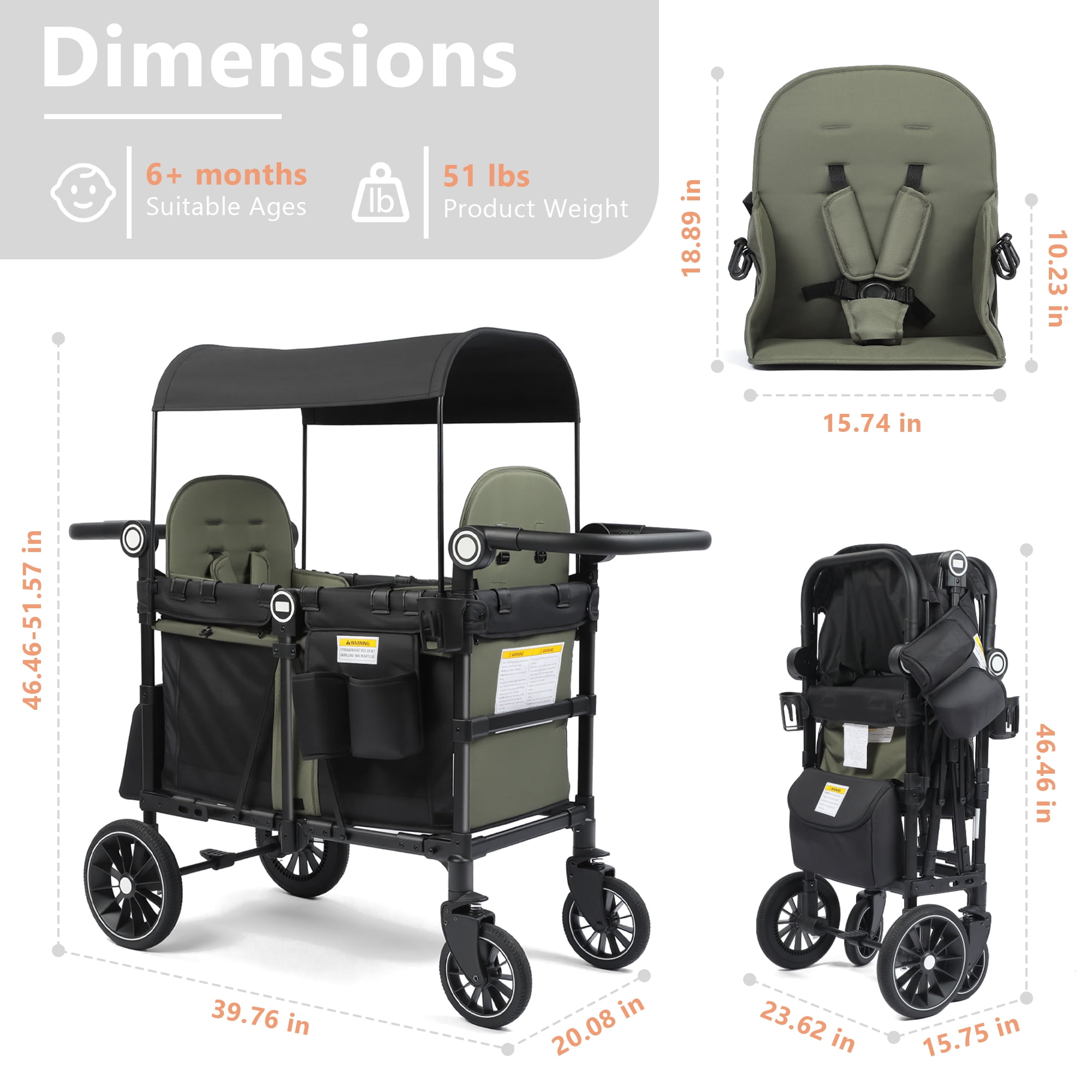 AILEEKISS Stroller Wagon for 2 Toddlers with Canopy, All-Terrain Baby Wagon Stroller,55 Pounds, Green