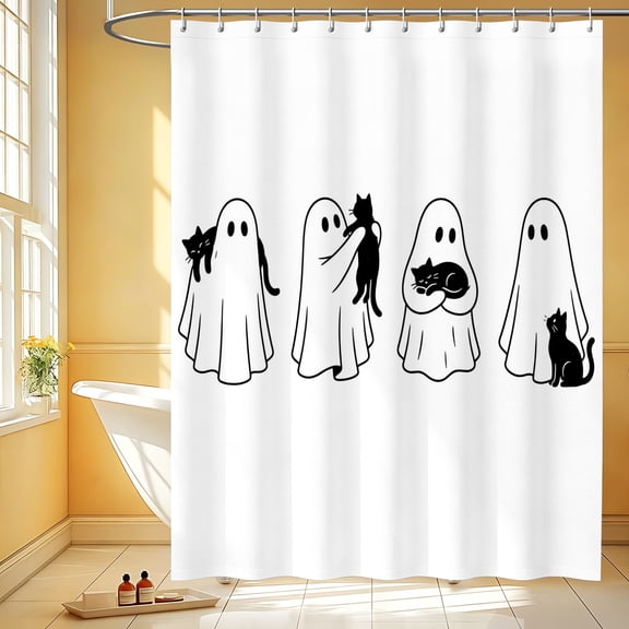 Ghost Black Cat Shower Curtain 72x72, Halloween Waterproof Polyester Bathroom Curtain for Home Apartment Guest Bathroom, Washable Fall Bath Decor for Holiday