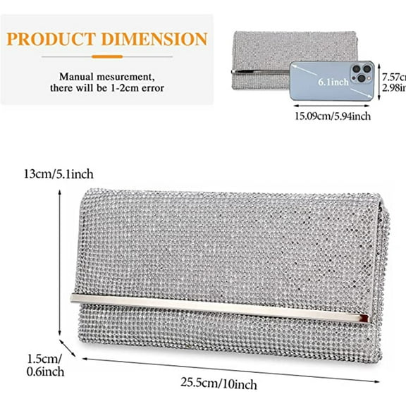 Womens Crystal-Studded Evening Clutch Bag Diamante Shoulder Handbag Elegant Purse for Wedding Bridal Prom Party/Silver