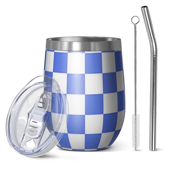 12oz Stemless Wine Tumblers Blue and White Checkered Pattern Vacuum Insulated Stainless Steel Travel Tumbler Cups Mug with Lid and Straw for Champaign,Cocktail,Beer with Cleaning Brush