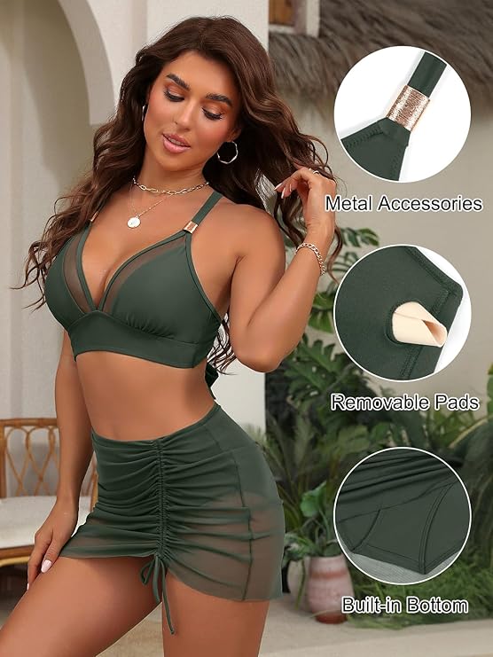 WQD Women's Bikini Set with Mesh Skirt, Green photo 6