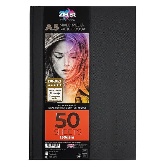 Zieler® A5 Bound Hardback Mixed Media Sketchbook (Portrait), 150gsm, 50 sheets