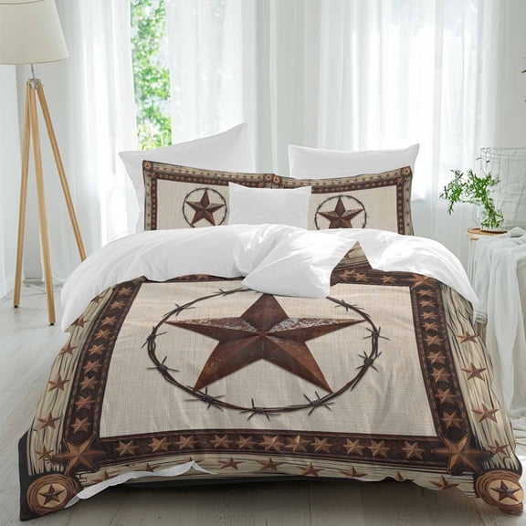 Country Star Duvet Cover Set Queen Size Farmhouse Texas Star Vintage Wood Grain Soft Lightweight Comforter Covers 4 Piece Bedding Set with 1 Duvet Cover 1 Bed Sheet & 2 Pillow Shams