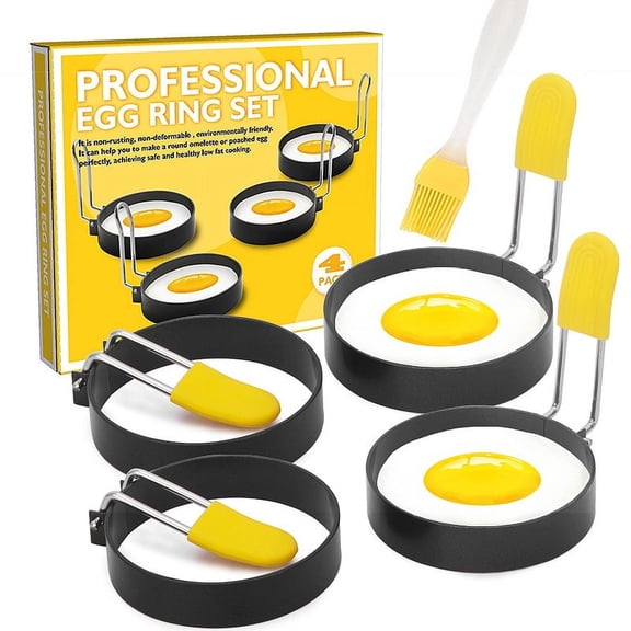 SUSWIM Non-stick with Silicone Handle Round Stainless Steel Egg & Pancake Ring, (4 Count)
