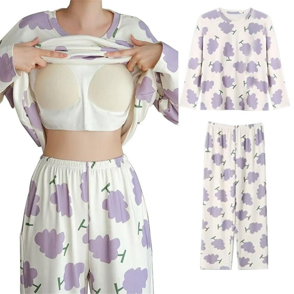 Tnhcen Two-Piece Female Nightdress Set with Breast Pads Long Sleeve Adorable Pajamas and Relaxing Homewear​ M-3XL