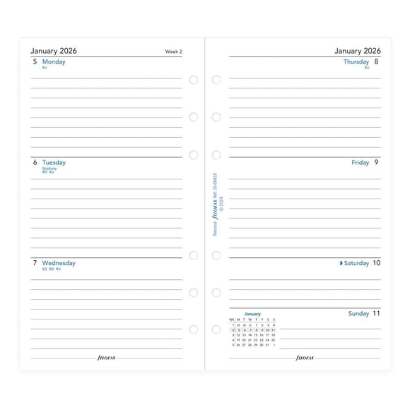 Relleno de Agenda Calendario Filofax Personal/Compacto 2026 Inglés