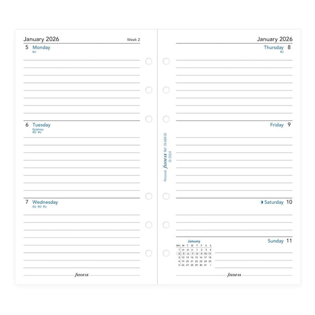 Relleno de Agenda Calendario Filofax Personal/Compacto 2026 Inglés