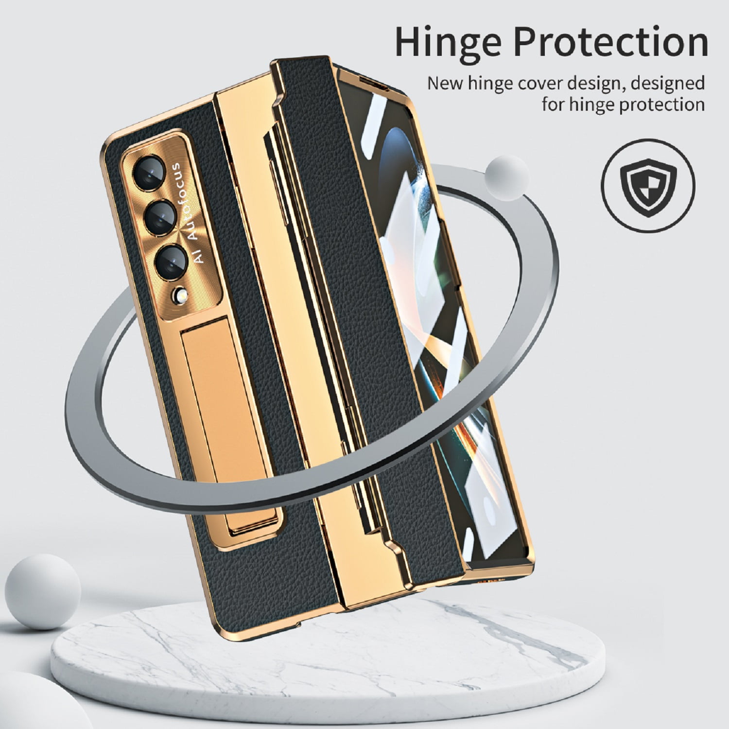 TECH CIRCLE Galaxy Z Fold 3 Case, Ultra-Thin Luxury PU Leather Hard PC Kickstand Anti-Scratch Shockproof Hinge Protection Case Support Wireless Charging for Samsung Galaxy Z Fold 3 5G, Gold+Black