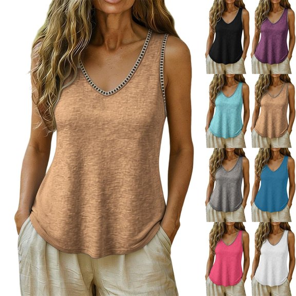 Women's Sleeveless Hollow Out V Neck Blouse Solid Color Soft Fashion Top Comfy Fit Casual Weekend Outfits | CSEONE,Black L
