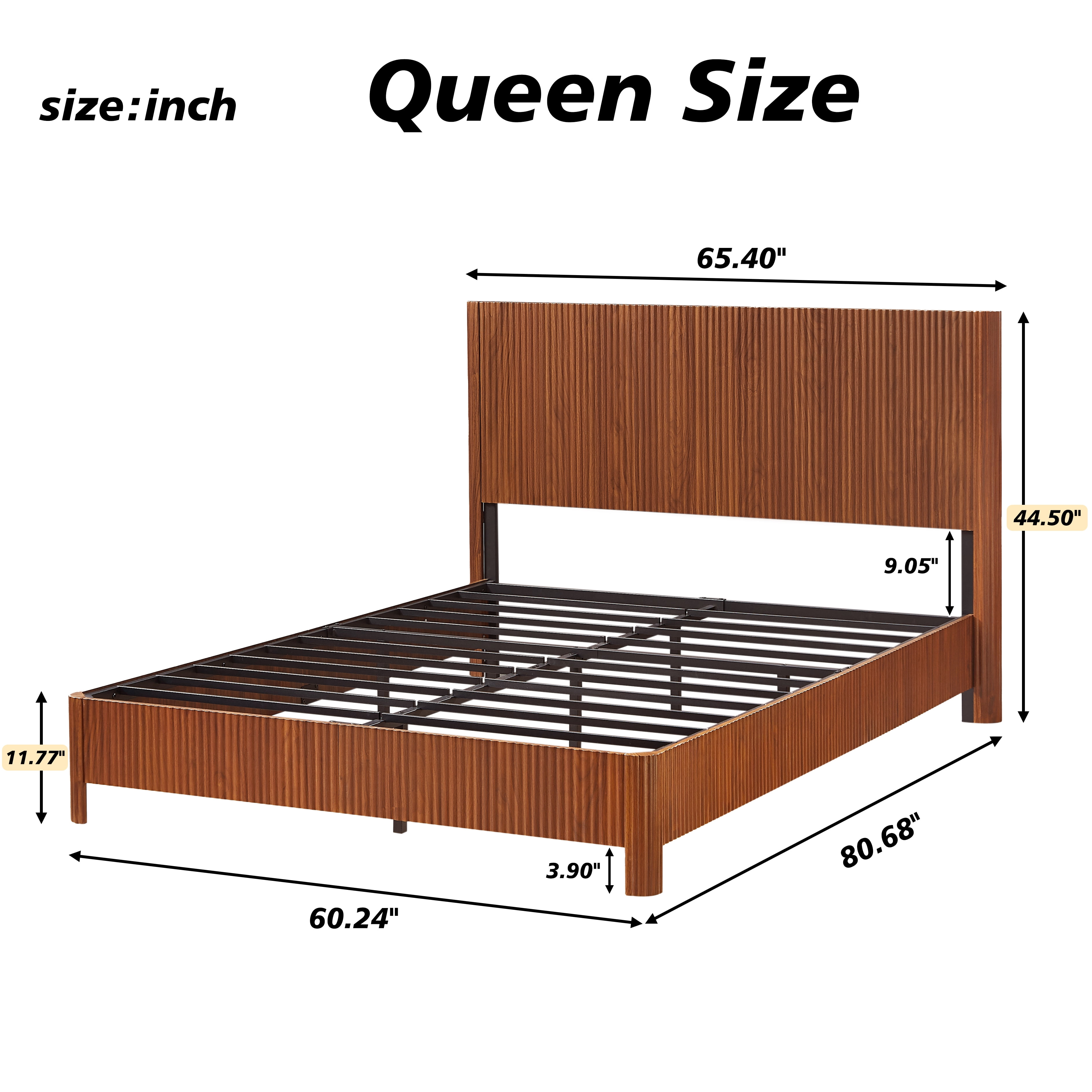 Platform Bed Frame, Wood Design Bed, Queen Size Metal and MDF Bed Frame with 13 Slats and Rounded Corners, No Box Spring Needed, Modern Bedroom Furniture, Walnut