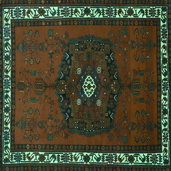 Ahgly Company Machine Washable Indoor Square Persian Turquoise Blue Traditional Area Rugs, 5' Square