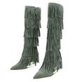 thumbnail image 2 of YDN Women Layer Tassel Pointed Toe Moccasin Boots Knee High Stiletto Mid Heels Western Themed Party Dress Shoes Size 5 Celadon, 2 of 5