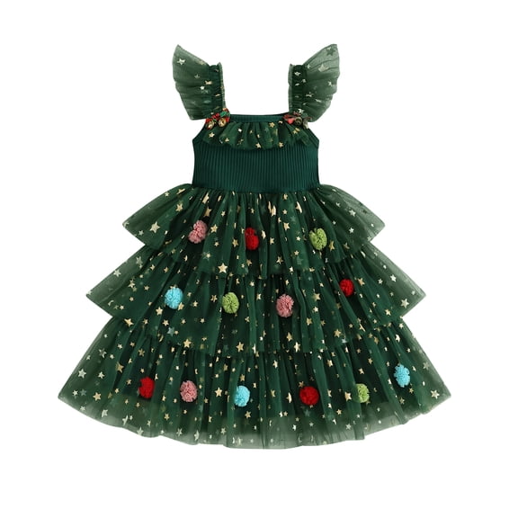 RUINIXCW Toddler Baby Girl Christmas Tank Dress Outfit Kids Christmas Tree Costume Star Print Fly Sleeve Holiday Party Tulle Tutu Dress with Pom-pom
