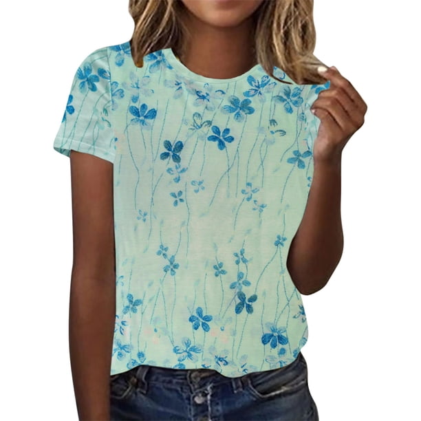 Gibobby Playera de Manga Corta Casual Suave Verano Mujer Manga Corta Cuello Redondo Floral Impreso Top Camisetas Casual Camisas Tee Túnica(Verde,G)