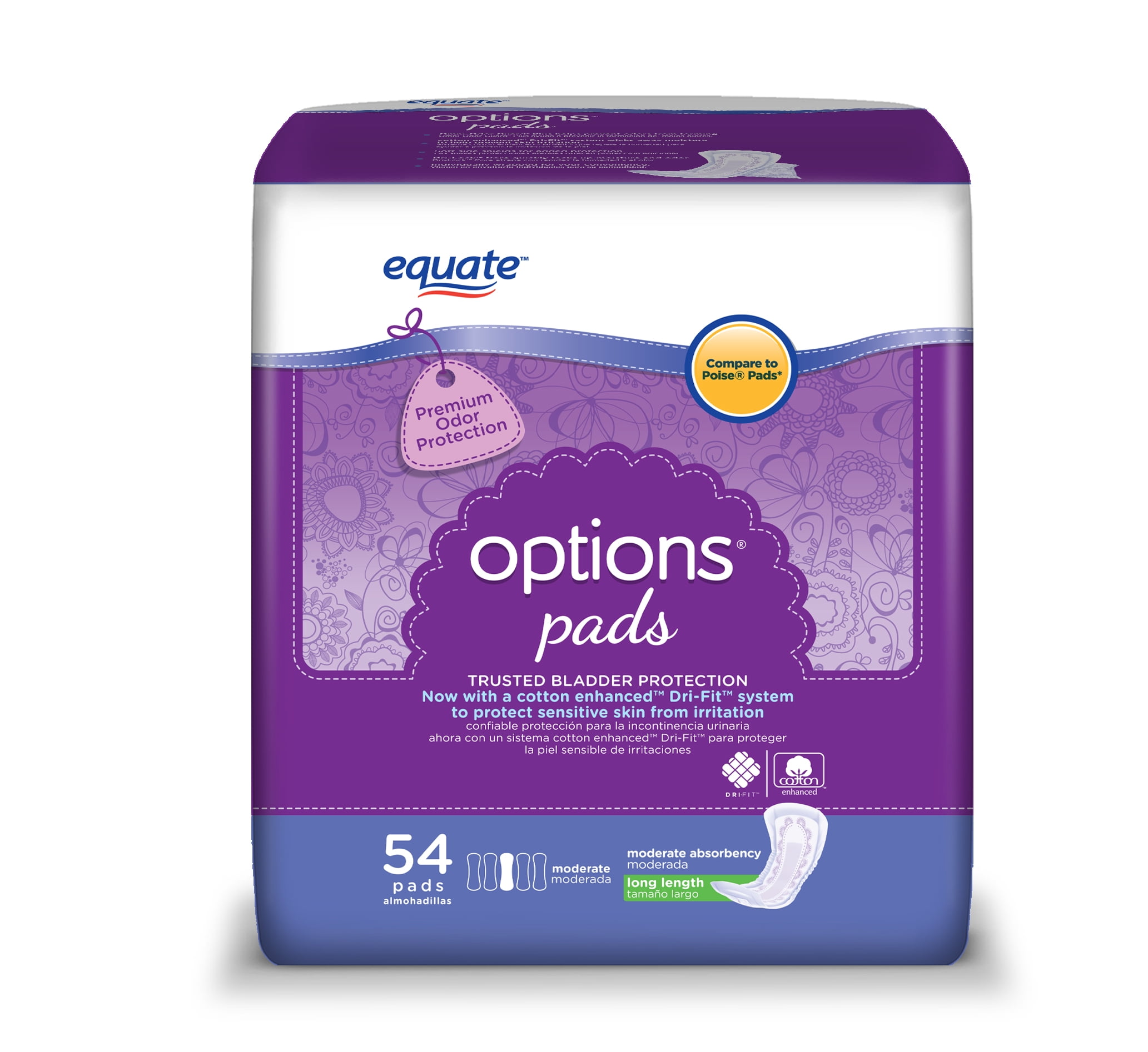 Equate Options Moderate Absorbency Long length Women's Incontinence Pads, 54 Count