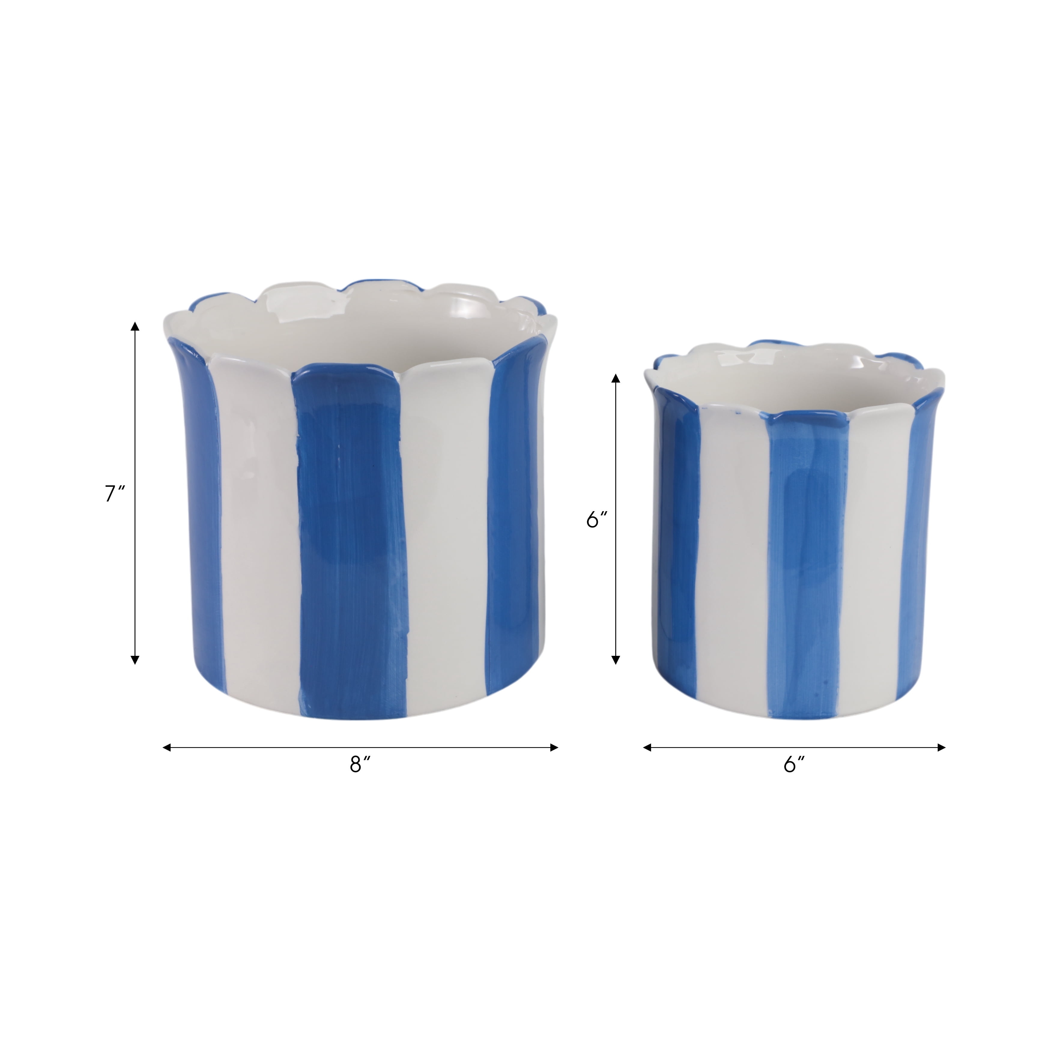 Ceramic Scalloped Striped Flower Pots for Home Decor - Decorative Planters for Indoor and Outdoor Plants - Plant Pots for Living Room and Garden Decor - Set of 2, 7", 6", Blue & White