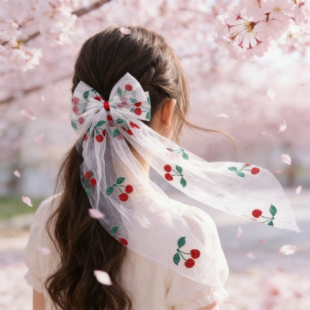 Pinza para el cabello con lazo doble de cerezas y corazón de encaje con cinta larga en la parte posterior, accesorio para el cabello, pinza para el cabello para el día de San Valentín, lazo de encaje