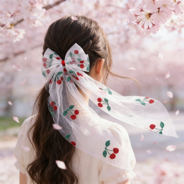 Valentines Day Hair Clip 1PC, 14.96x5.51in,Lace Heart Cherrys Double Bow With Long Ribbon Back Hair Accessory For Festive Celebrations And Everyday Wear(Red)