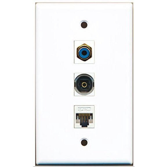 RiteAV - 1 Port RCA Blue and 1 Port Toslink and 1 Port Cat5e Ethernet White Wall Plate