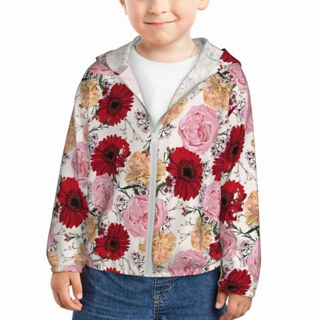 

Sun Hoodie for Kids Red Pink Carnations Flowers Long Sleeve Swim Fishing Shirts Sun Protection Zip Up Jacket Clothing Athletic Hoodie