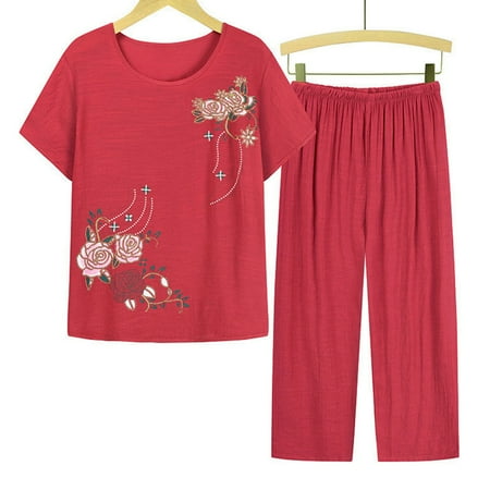 

JNGSA 2023 Womens Pajama Sets Short Sleeve Round Neck and Cropped Pants Sleepwear Ladies Soft Pjs Lounge Two Pieces Set Red