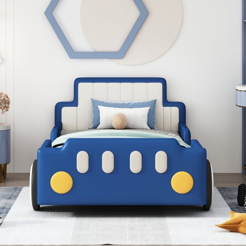 Twin Size Race Car Shaped Platform Bed with Wheels and Safety Rails, Blue