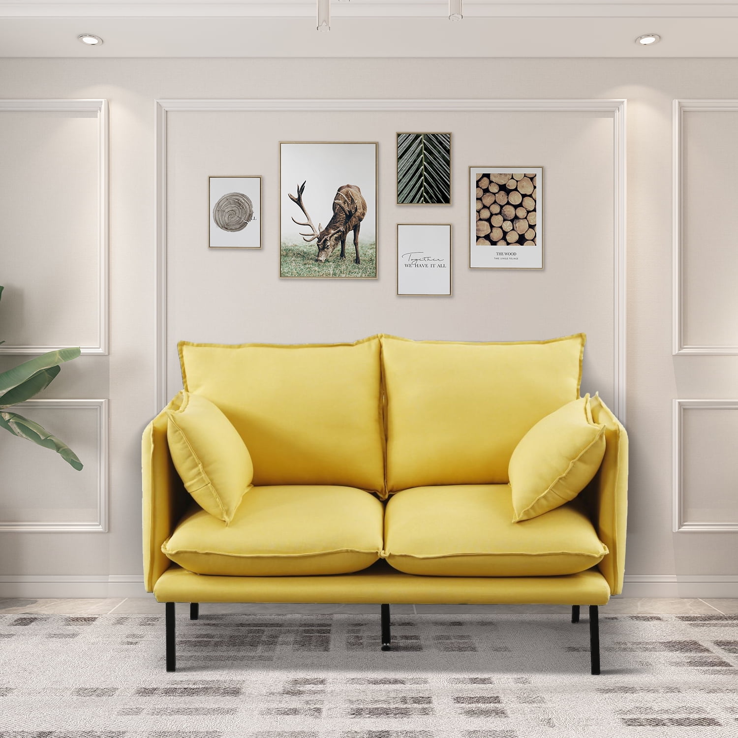 Minimalist Loveseat Sofa Polyester Sofa with 2 Pillows and Metal Legs