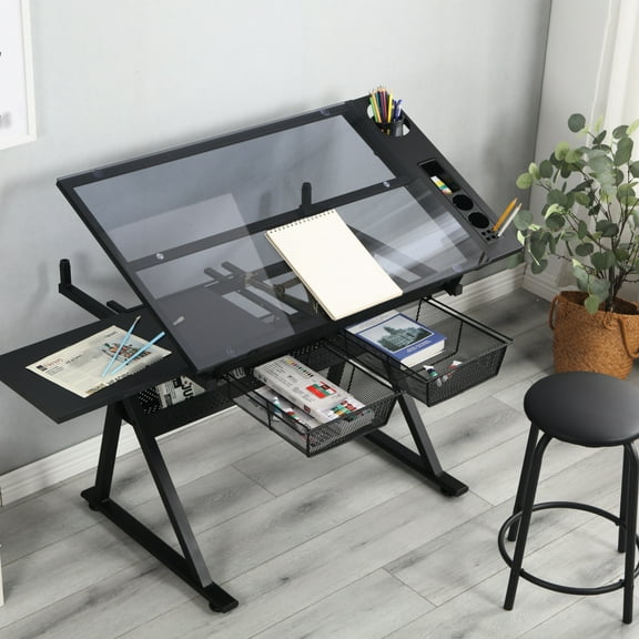 Tempered Glass Drawing Table With Chair & Adjustable Angles Storage Black Office Side Options Metal