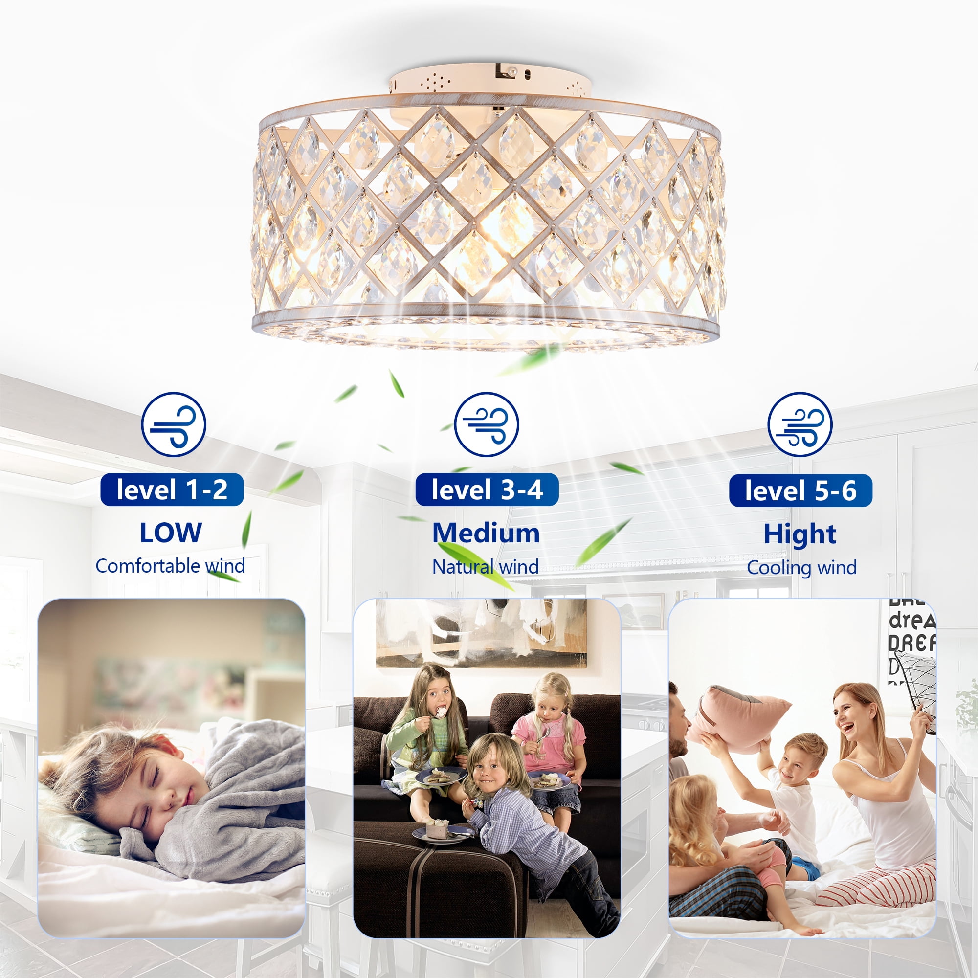 Leumius 19.6" Crystal Ceiling Fans with Light and Remote Control, Chandelier Fan 6 Speed DC Motor Reversible Ceiling Fan for Living Room Bedroom (NOT Included Bulbs)