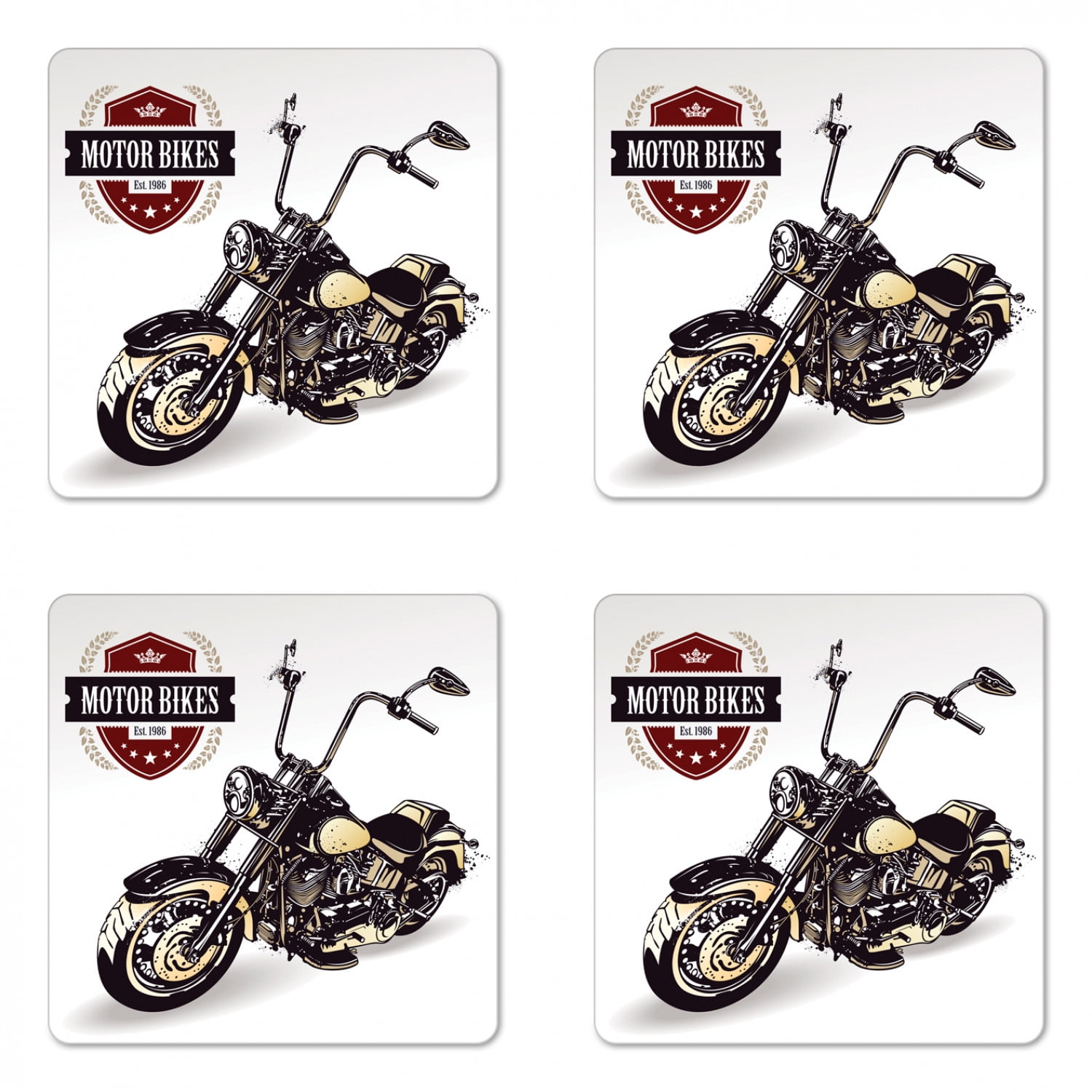 Motorcycle Coaster Set of 4, Chopper Customized Club Insignia Bikes