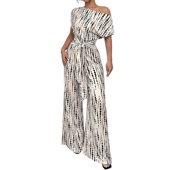 Women'S Allover Printed Asymmetrical Neck Romper Elegant Tie Front Wide Leg Jumpsuits Flower Color L