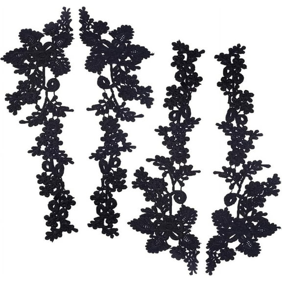 4Pcs 3D Flower Embroidery Lace Applique Black Floral Leaves Embroidered Sew on Patches Collar Fabric Appliques for DIY Sewing Crafts Wedding Dress Clothing Bags Embellishments 43.5x12.2cm