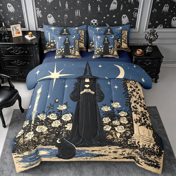 Erosebridal Gothic Witch 7-Piece Twin Bedding,Halloween Black Cat Rose Bedding Comforter Set,Navy Blue,Reversible