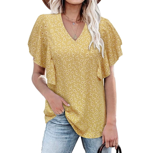 Camiseta con cuello en V para mujer, mangas cortas con volantes, hermosa impresión, tipo suelto, Top informal de verano amarillo M