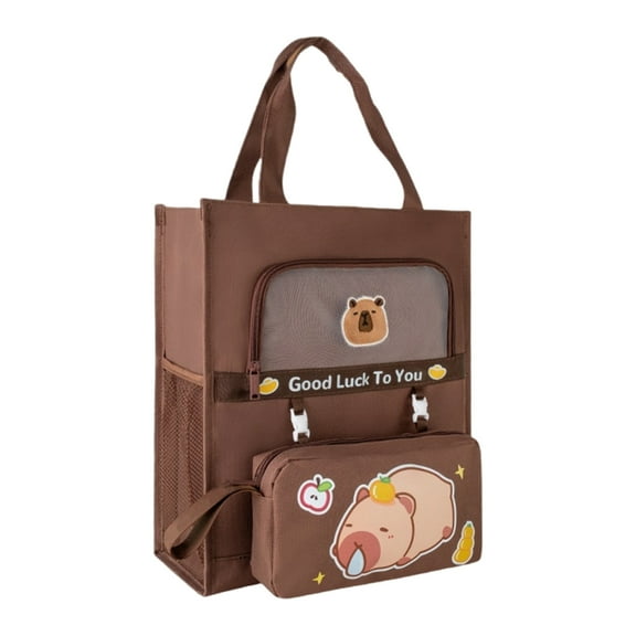 Students Books Bag Detachable Pen Case Church Bag Cartoon Print Canvas Bag Shopping Bag with Side Pockets Top Handle Bag