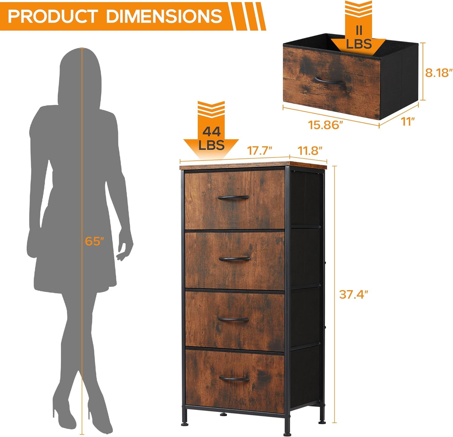 4 Drawer Dresser, Tall Chest Of Drawers Nightstand Storage Tower Storage Dresser Fabric Dresser With Wood Top for Living Room, Bedroom, Hallway,Rust