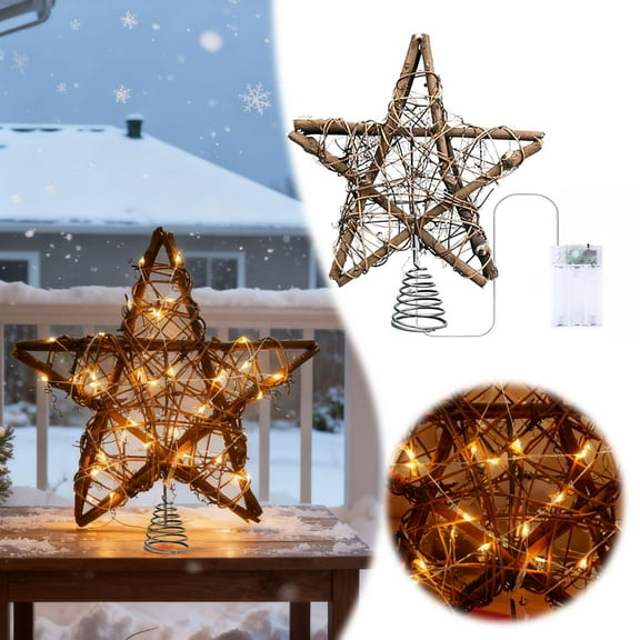 Farmhouse Christmas Tree Topper, Rattan Star Tree Topper with 50 Warm White LED Lights,Rustic Natural Xmas Tree Decor for Holiday Seasonal Decorations,Indoor Christmas Decor