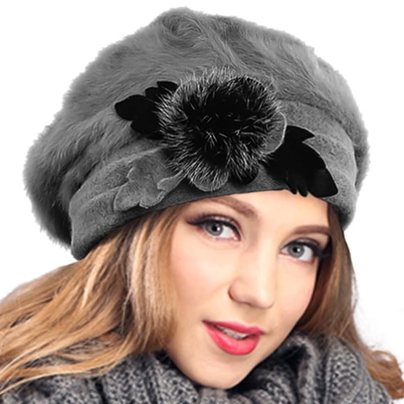 VEcRY Gorro de Lana 100 para Mujer Gorro de Fieltro Vestido de Boina Gorros de Invierno (Angora-Gris)