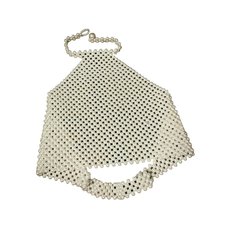 Women Spaghetti Beaded Bra Sleeveless Jewelry Tank Cami Top Embellished Bra  Bikini Trendy White Pearl Chain Crop Tops