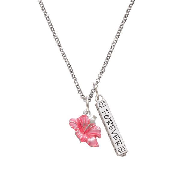 Delight Jewelry Silvertone Hot Pink Hibiscus Flower Silvertone Forever Bar Charm Necklace, 23"